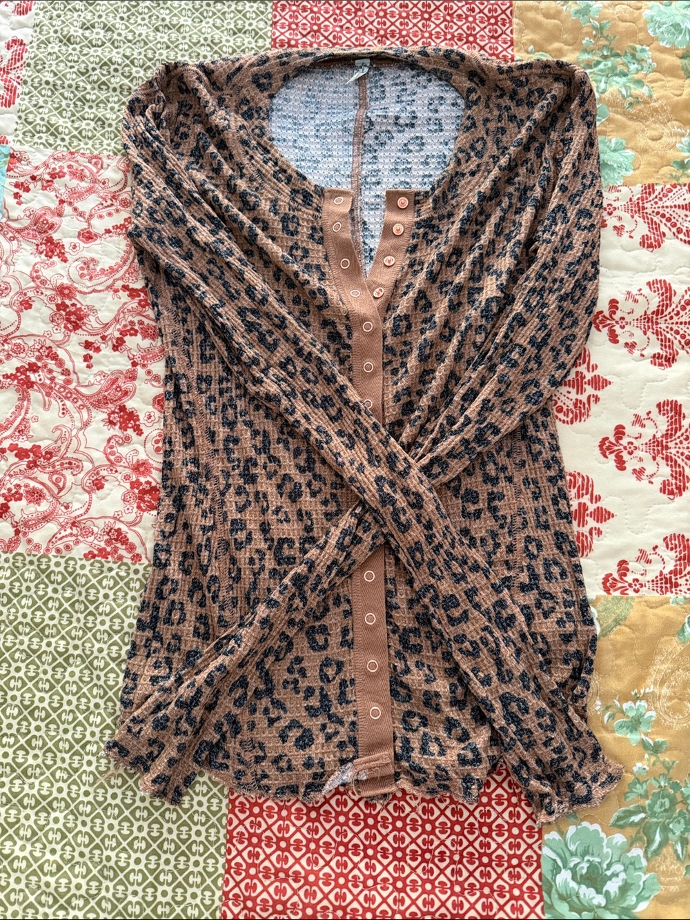 Free People Brown and Black Leopard Snap-Front Henley